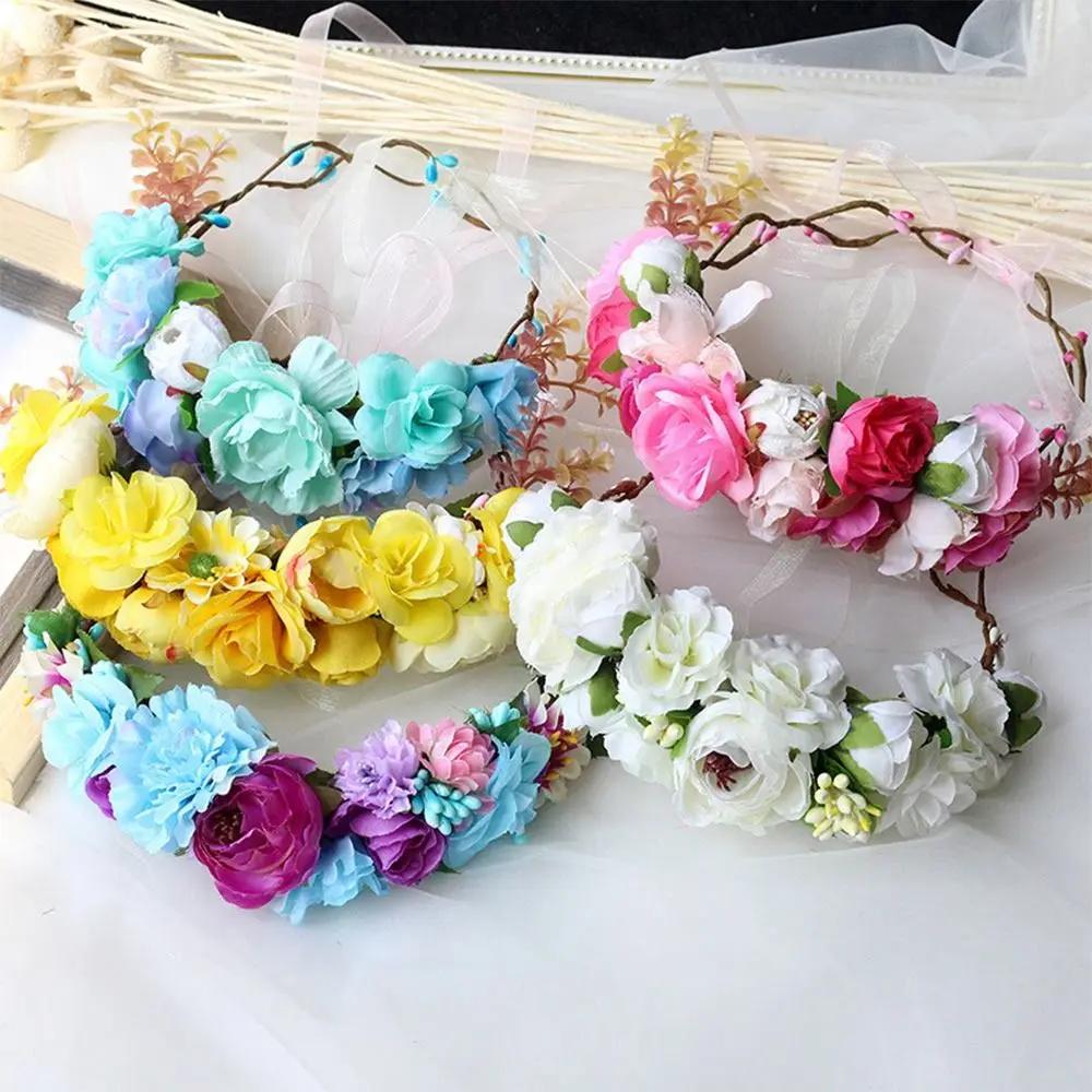 보헤미안 꽃 왕관 해변 하와이 꽃 화환, 로맨틱 가짜 장미 웨딩 화환, 새로운 꽃 머리띠, 봄 신상